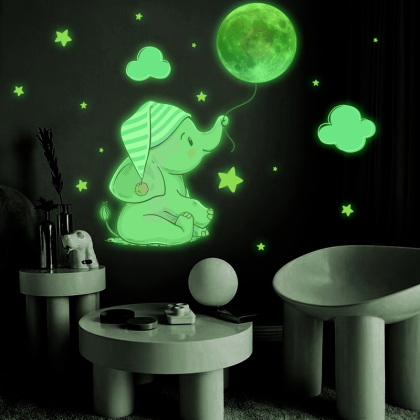 Baby Elephant Moon Cartoon Luminous Wall Sticker Nursery Decor
