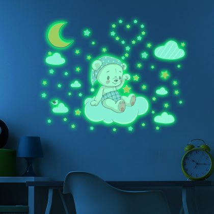 Luminous Bear Sitting On The Cloud Wall Stickers For Kids Room Decor