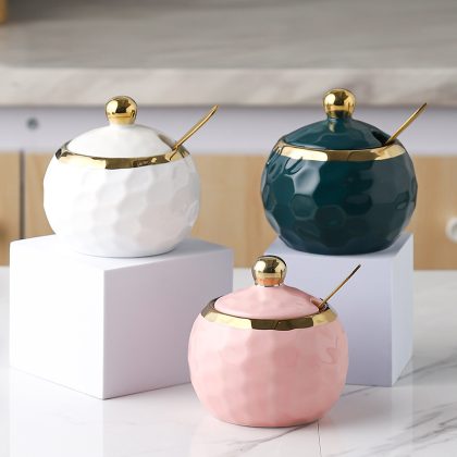 3pcs Gold-Plated Ceramic Seasoning Jar with Lid Spoon