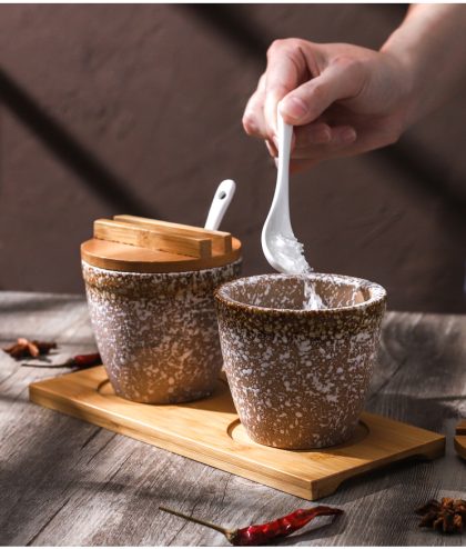 Retro Ceramic Seasoning Jars Wooden Tray Spice Jars
