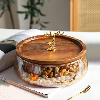 Wooden Trays Glass Bowl Nuts Fruits Food Container